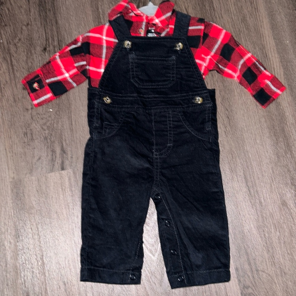 Plaid shirt and overall set